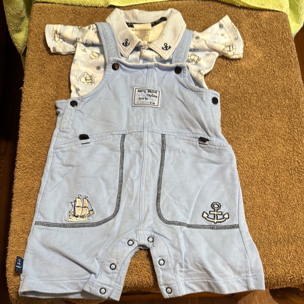Panda Baby Blue Nautical Kids Overalls With Matching Onesie Beneath 18 Months